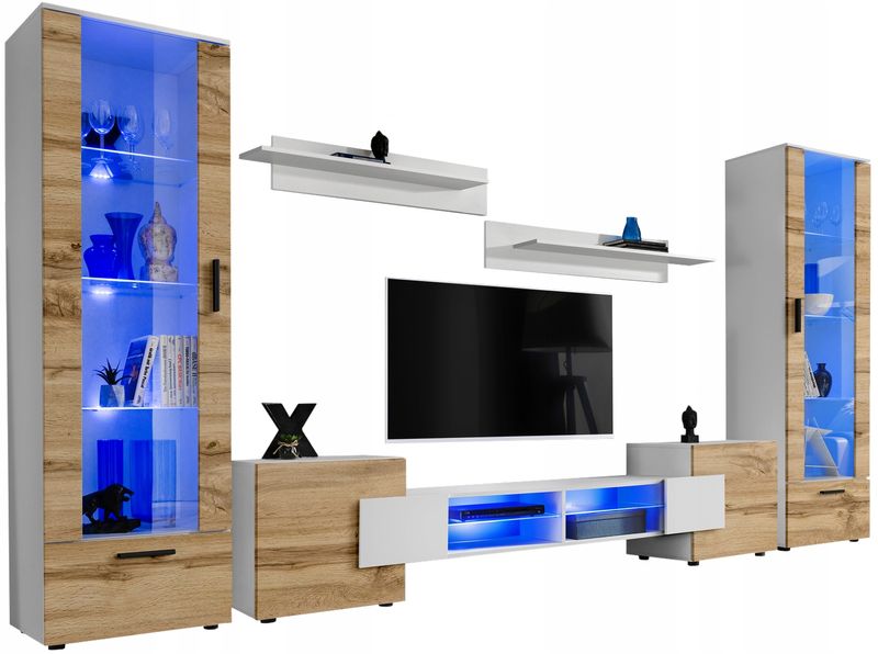 Pan Igiełka Meblościanka LED RGB + Pilot Czarny Biały Dąb Wotan  Salon zdjęcie 16