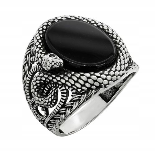 Sygnet srebrny Wąż pr. 925 Pierścień z Owalnym Onyksem i wężem | r. 20 na Arena.pl