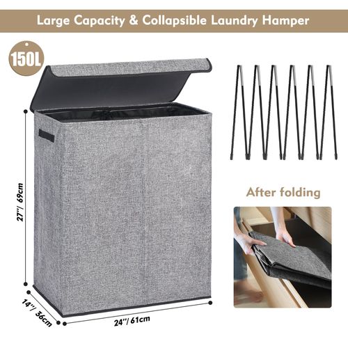 Kosz na Pranie 150L Podwójny Składany z Pokrywą Wyjmowane Torby Szary na Arena.pl