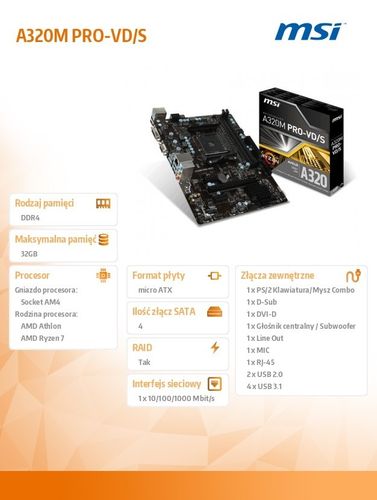 MSI A320M PRO-VD/S AM4 2D DR4 6USB3.1 uAT na Arena.pl