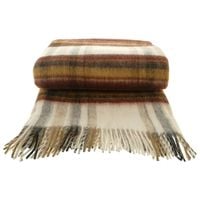 Koc wełniany z frędzlami 100% WEŁNA brązowo-musztardowa krata