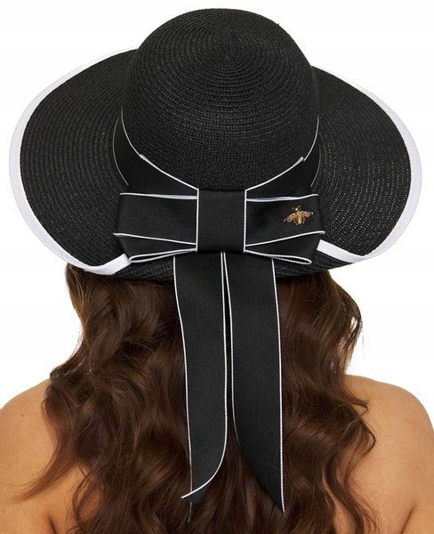 KAPELUSZ CZARNY SŁOMIANY SŁOMKOWY na lato EKO SŁOMKA z kokardą elegancki zdjęcie 3