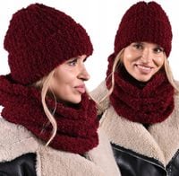 Burgundowy komplet damski zimowy CZAPKA + KOMINEM gruby zestaw ciepły
