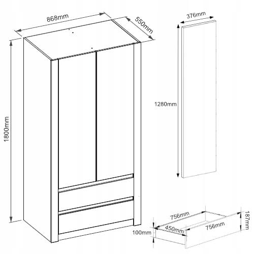 Szafa garderoba 90cm 2d 2sz biała B-20 zdjęcie 3