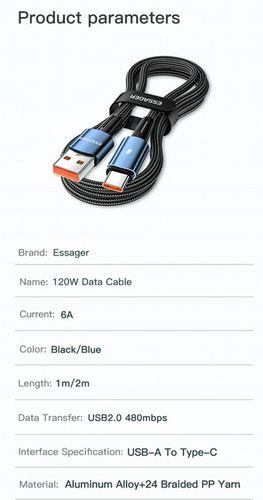Kabel 2 metry czarny Essager USB A do USB-C 6A SZYBKIE ŁADOWANIE 120W 6A 2M na Arena.pl