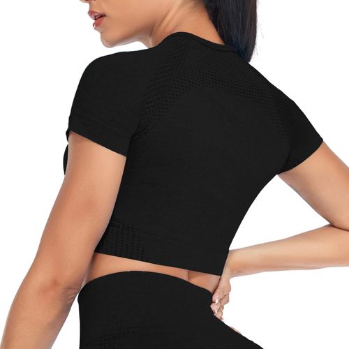 Damski Crop Top Sportowy do Jogi Modelujący Czarny M Bezszwowy Kompresyjny na Arena.pl