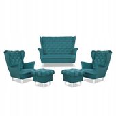 Zestaw wypoczynkowy Carol sofa fotele pufy paski Family Meble turkusowy