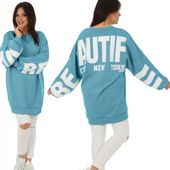F577 nadruk BEAUTIFUL długa damska BLUZA oversize