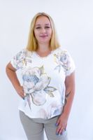 Elegancka Bluzka w Kwiaty ze Złotym Zdobieniem Biało Beżowa UNI