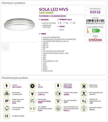 Lampa plafon SOLA LED MVS 12W 03531 CZUJNIK RUCHU na Arena.pl