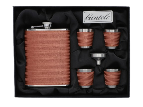 Elegancka Brązowa Piersiówka Obszyta Skórą w Zestawie z Kieliszkami Gentelo na Arena.pl