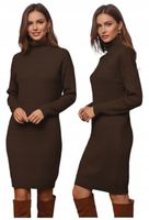 Elegancka Sukienka Sweterkowa Golf Prążkowana Ciepła Brązowa Jesień