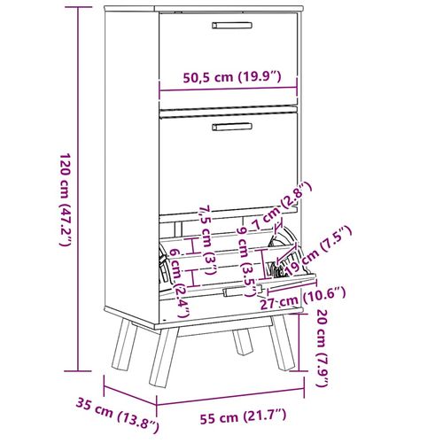 Szafka na buty OLDEN, brązowa, 55x35x120cm, lite drewno sosnowe na Arena.pl