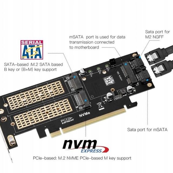 Adapter 3x dysk M.2: SATA + NVMe + mSATA PCI-e x16 zdjęcie 3