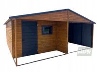 GARAŻ BLASZANY 6m x 6m poziom - dwuspad - Brama + drzwi + okno - wnęka jasny orzech + brąz  BOX28 3,5x6