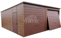 GARAŻ BLASZANY 6m x 5,8m poziom - spad tył 2x Brama uchylna + drzwi - ciemny orzech - drewnopodony TS241 6x5,8