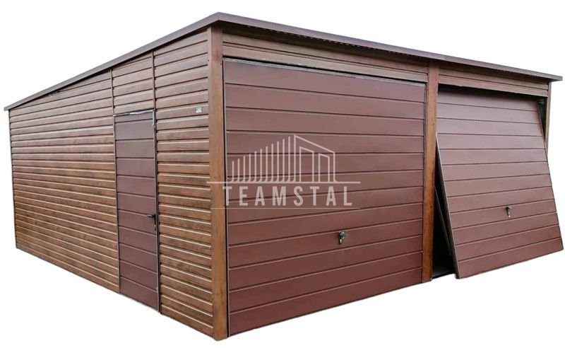 GARAŻ BLASZANY 6m x 5,8m poziom - spad tył 2x Brama uchylna + drzwi - ciemny orzech - drewnopodony TS241 6x5,8 zdjęcie 1