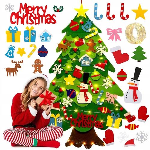 CHOINKA FILCOWA NA RZEPY Z OZDOBAMI DLA DZIECI ŚWIATEŁKA 50 LED NA ŚCIANĘ na Arena.pl