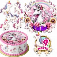 ZESTAW OPŁATEK NA TORT 20CM + 16 POSTACI - JEDNOROŻEC + IMIĘ 15CM 18CM