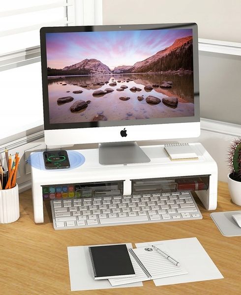 PÓŁKA PODSTAWKA POD MONITOR Z SZUFLADKAMI BIAŁA NADSTAWKA NA BIURKO RK2 zdjęcie 2