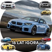 OPŁATEK NA TORT 20CM - SAMOCHODY AUTA BMW + IMIĘ + ! 15CM 18CM