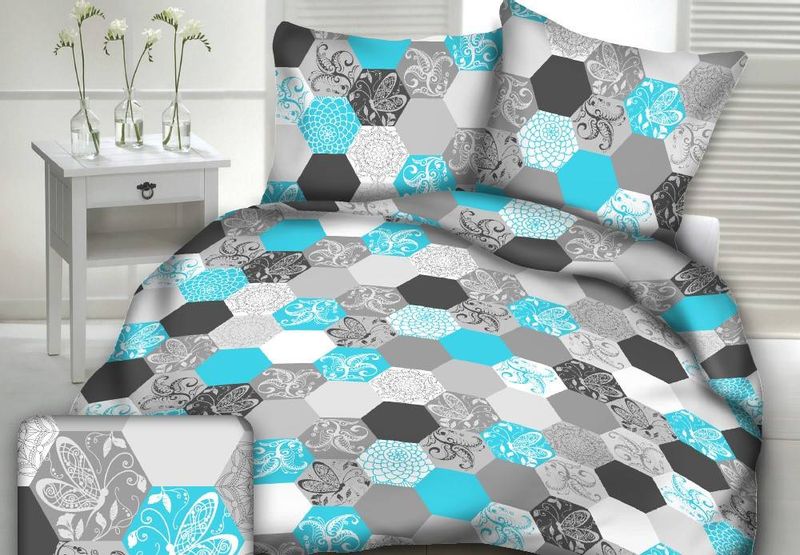 Pościel z kory I 160x200 wzór turkusowo-szare sześciokąty zdjęcie 2