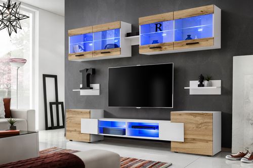 Pan Igiełka - Meblościanka do Salonu LED Biały Dąb Wotan, Zestaw Mebli na Arena.pl