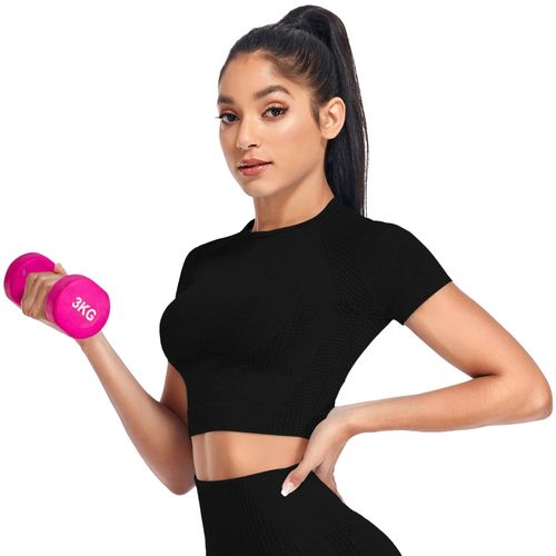 Damski Crop Top Sportowy do Jogi Modelujący Czarny M Bezszwowy Kompresyjny na Arena.pl