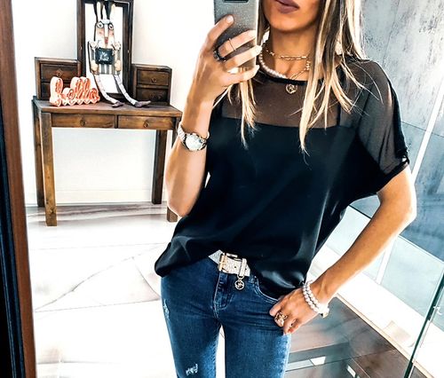 . BLUZKA TIULOWA Z SIATECZKĄ LUŹNA ELEGANCKA XL na Arena.pl