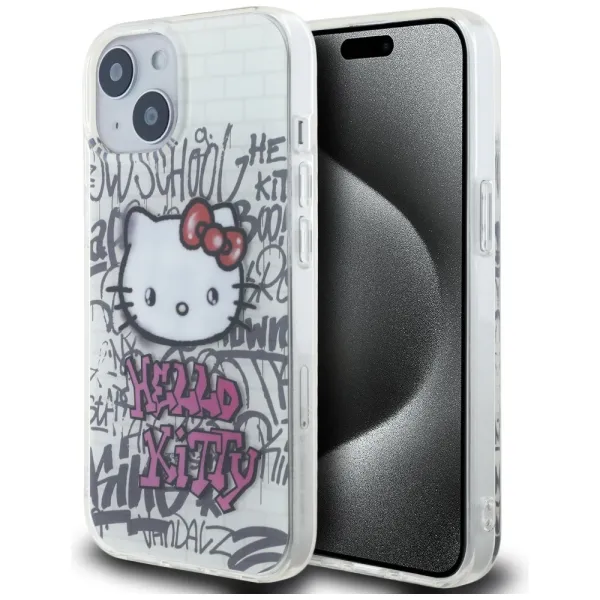 Etui Hello Kitty IML Kitty On Bricks Graffiti na iPhone 15 - białe zdjęcie 1
