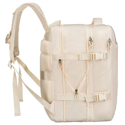 praktyczny plecak podróżny w kolorze ecru, wyposażony w siatkowaną na Arena.pl