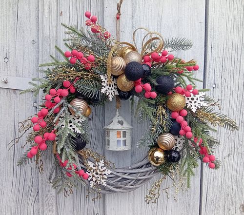 Wianek świąteczny 45 cm z latarenką LED złoto-czarny z akcentem różu na Arena.pl