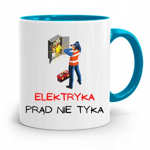 Kubek Błękitny Prezent Dla Elektryka Prąd Nie Tyka Z Nadrukiem Ze Zdjęciem zdjęcie 1