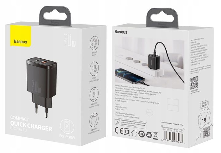 BASEUS SZYBKA ŁADOWARKA DO TELEFONU ZASILACZ USB USB-C TYP-C 20W PD QC 3.0 zdjęcie 5