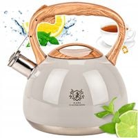 CZAJNIK STALOWY GAZ 3l SZARO KREMOWY z GWIZDKIEM DREWNIANA RĄCZKA INDUKCJA