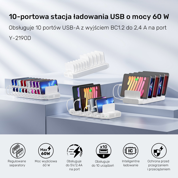 Unitek Stacja ładująca 10xUSB 2.4A 60W biała zdjęcie 8