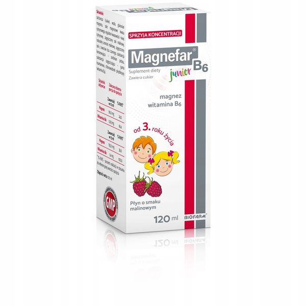 Magnefar B6 Junior Magnez Witamina B6 120 ml płyn o smaku malinowym zdjęcie 2