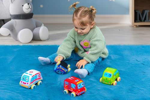 PLUSZOWE MIĘKKIE AUTKA SAMOCHODZIKI Z NAPĘDEM ZESTAW 4 SZTUK na Arena.pl