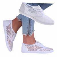 Sznurowane buty białe trampki damskie Wiosenne ażurowe tenisówki P4