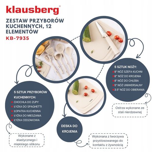 Komplet 5 Noży + Zestaw 5 przyborów kuchennych + deska do krojenia + Stojak na Arena.pl