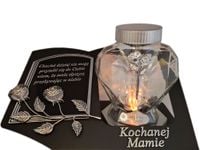 MAMA MAMIE SOLARNY ZNICZ LAMPION NA GRÓB SERCE SZKŁO SREBRO SKOS SENTENCJA