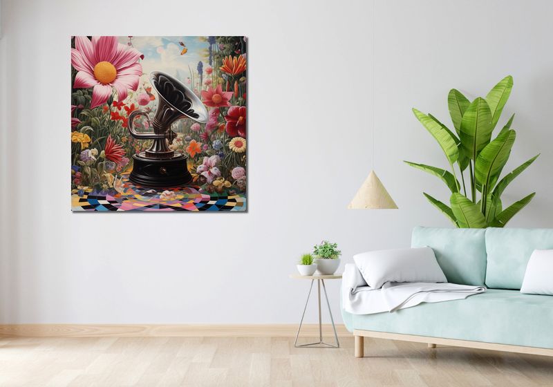Obraz 100x100cm Gramofon w Kwiatach zdjęcie 2