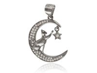 DELIKATNY RODOWANY SREBRNY WISIOREK KSIĘŻYC MOON KOTEK KOT BIAŁE CYRKONIE