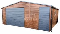 GARAŻ BLASZANY 6m x 5,8m poziom - dwuspad - Brama + drzwi + okno - drewnopodobny + antracyt TS293  6x5,8
