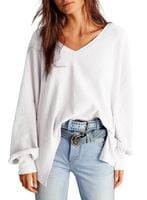 Damska Bluzka Waflowa Oversize V-Neck Długi Rękaw Miękka Dzianina Biała S