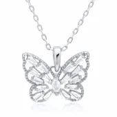 RODOWANY SREBRNY NASZYJNIK AŻUROWY MOTYL MOTYLEK BUTTERFLY BIAŁE CYRKONIE