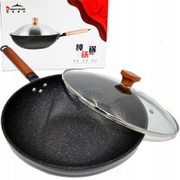 Patelnia wok stalowa 34 cm czarna z pokrywką