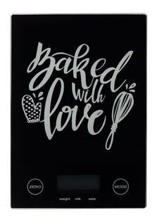 Waga kuchenna elektroniczna szklana DECOS wyświetlacz LCD max 5 kg wz. 6 czarna z napisem baked with love