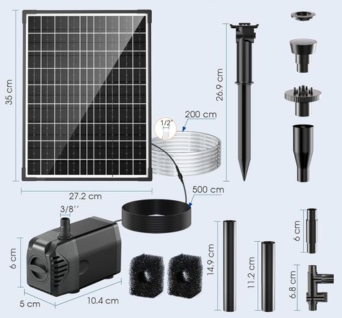 UŻYWANE Pompa solarna do stawu 20W Biling 875 L/h z filtrem i 2m wężem na Arena.pl