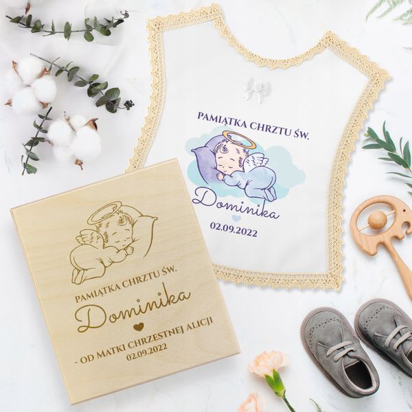 SZATKA NA CHRZEST Z NADRUKIEM IMIĘ DATA i PUDEŁKO zdjęcie 5